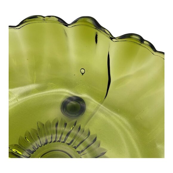 Vintage MCM Indian Glass Footed Bowls Footed Avacado Green Sunflower Scalloped - Picture 5 of 13